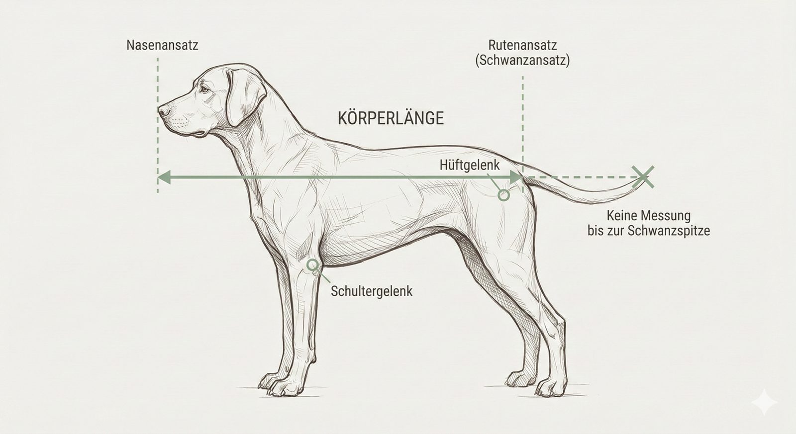 Skizze: Korrekte Messung der Körperlänge eines Hundes - Nasenansatz bis zum Rutenansatz