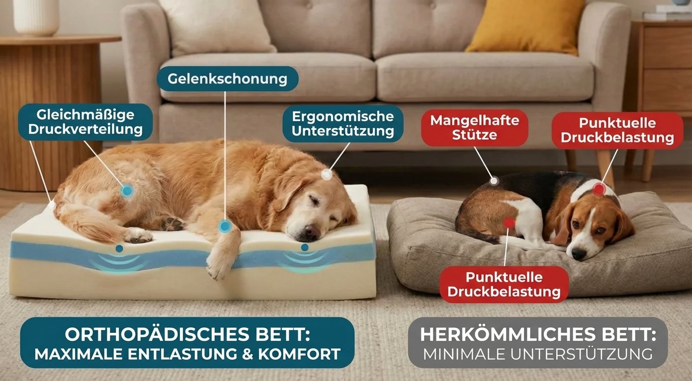Vergleich: normales Hundebett und orthopädisches Hundebett
