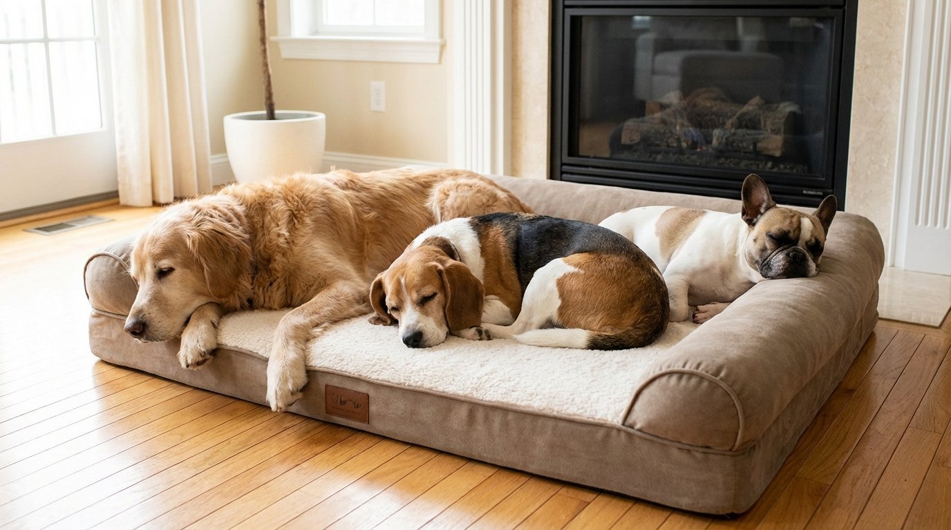 Schlafende Hunde auf einem orthopädischem Hundebett