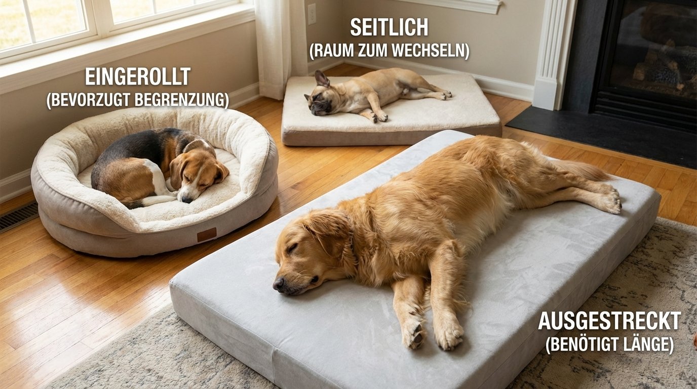 Hunde in unterschiedlichen Liegepositionen auf orthopädischen Hundebetten