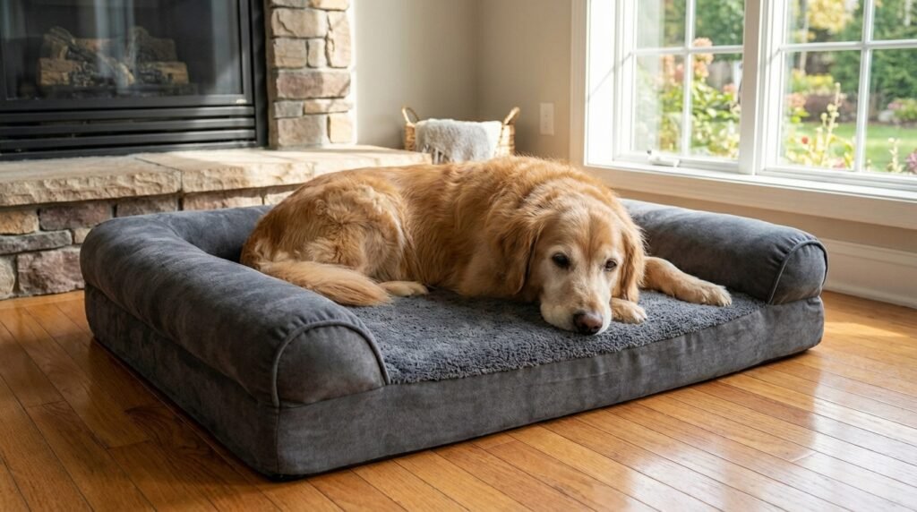 Älterer Golden Retriever in Hundebett