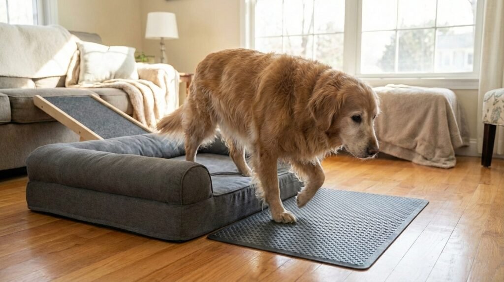 Hund steht aus Bett auf