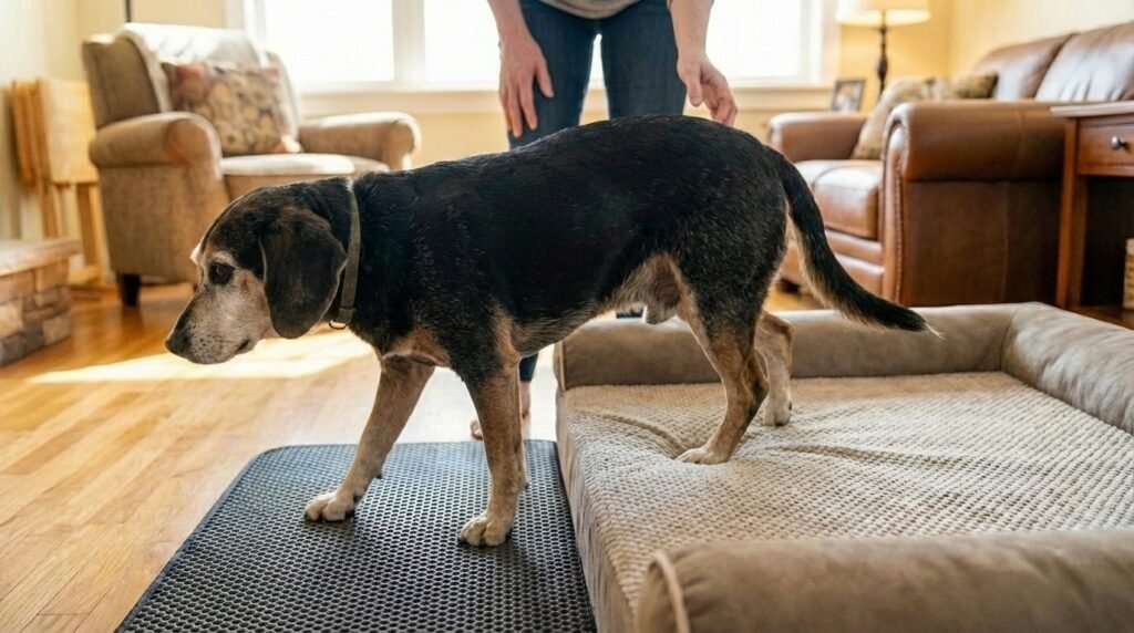 Hund steht mühsam aus Hundebett auf