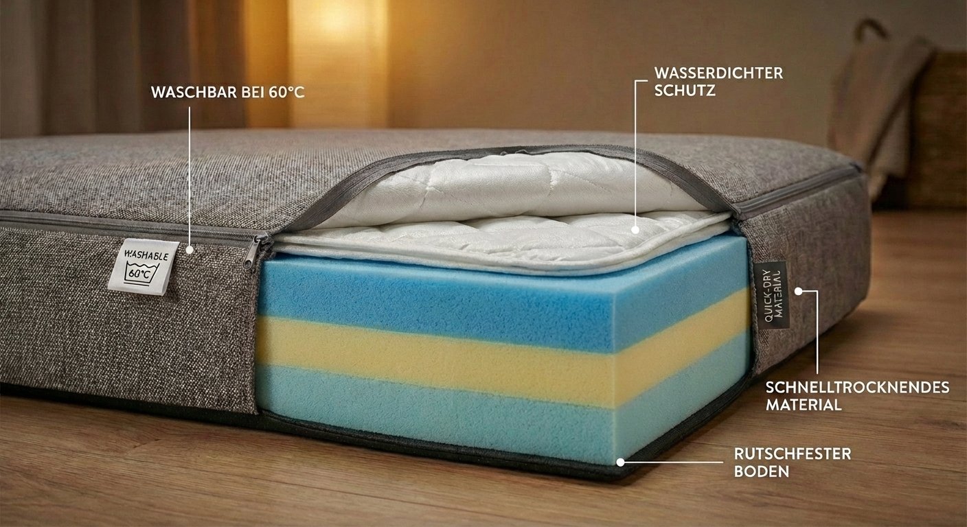 Querschnitt eines orthopädischen Hundebettes mit zusätzlichem Nässeschutz