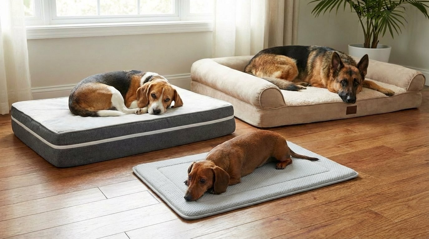 Drei Hunde schlafen auf unterschiedlichen orthopädischen Hundebetten