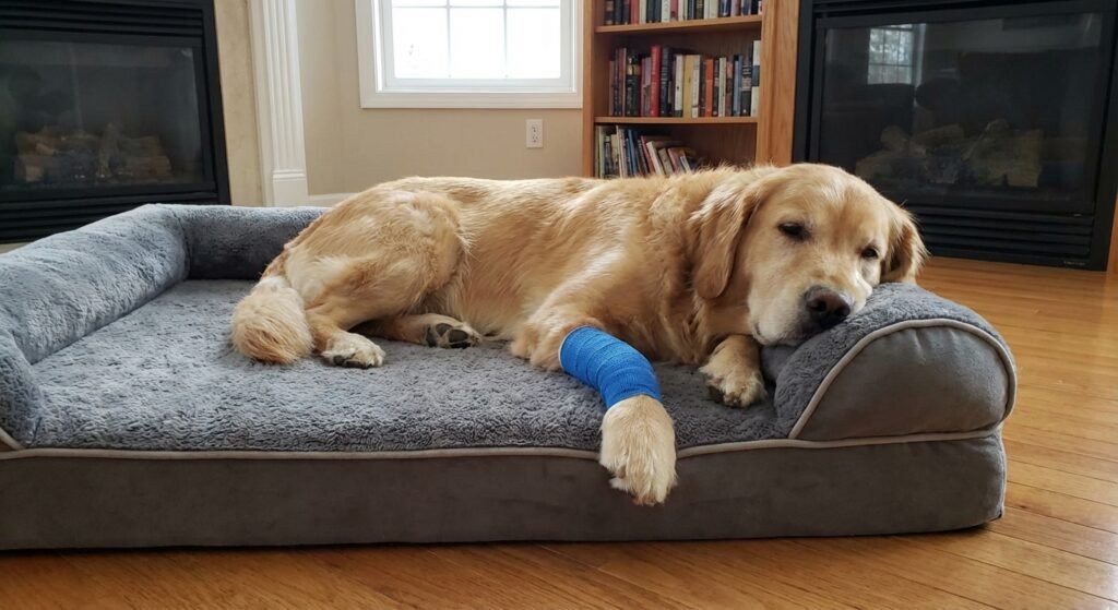 Golden Retriever mit Verband auf orthopädischem Hundebett