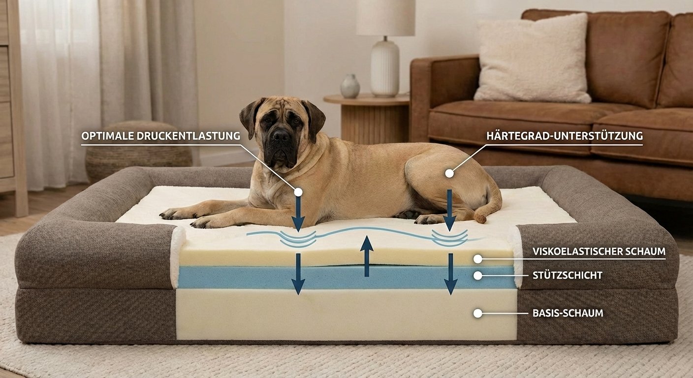 Druckentlastung / optimaler Härtegrad und Aufbau eines orthopädischen Hundebetts für große Hunde
