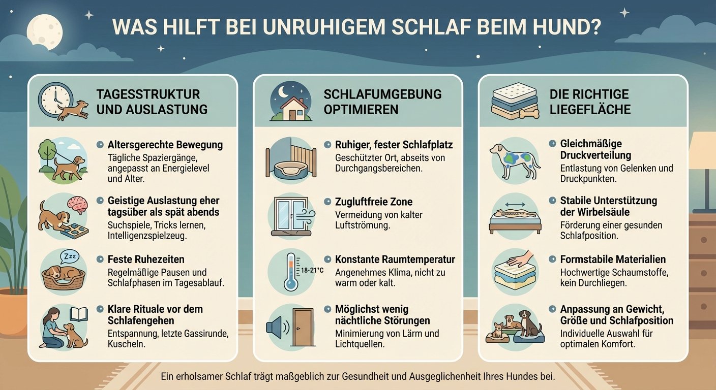 Was hilft bei unruhigem Schlaf bei Hunden: Tagesstruktur - Schlafumgebung - Liegefläche